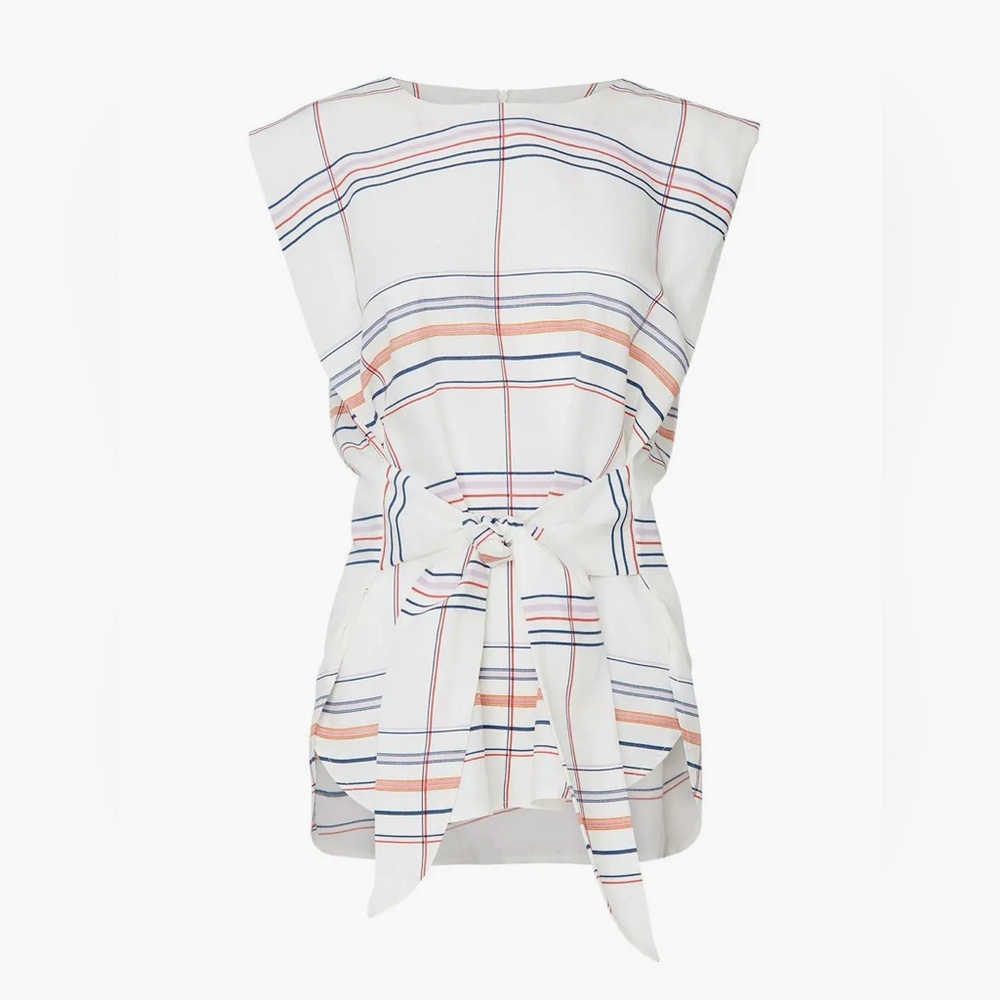 HABITUAL Nell Top White Red Navy Blue Tartan Plaid Striped Blouse w Tie Waist - Picture 2 of 16